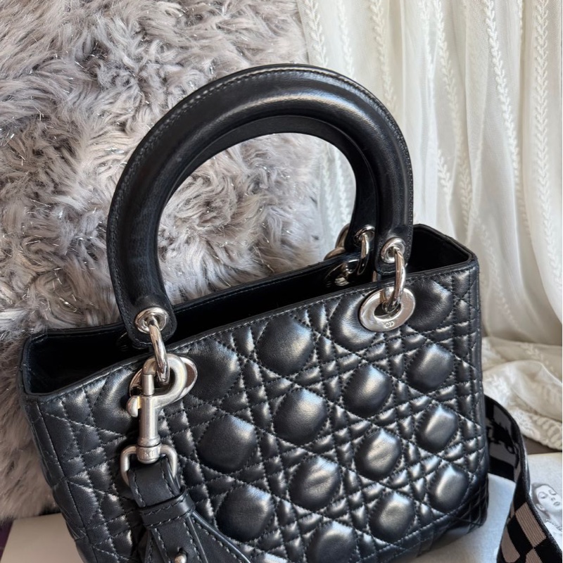 迪奧包 戴妃包 黑色 手提包 肩背包 側背包 連dior後買肩帶Lady Dior 黑皮包 lady dior bag black-8