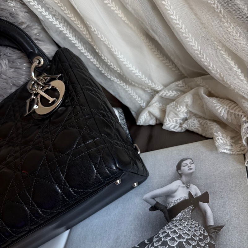 迪奧包 戴妃包 黑色 手提包 肩背包 側背包 連dior後買肩帶Lady Dior 黑皮包 lady dior bag black-11