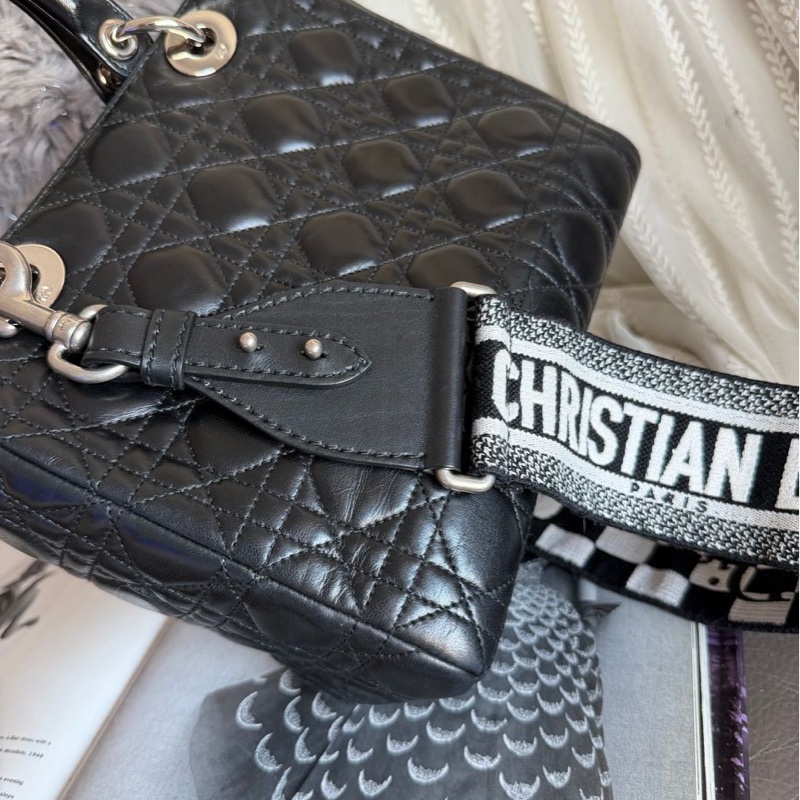 迪奧包 戴妃包 黑色 手提包 肩背包 側背包 連dior後買肩帶Lady Dior 黑皮包 lady dior bag black-12