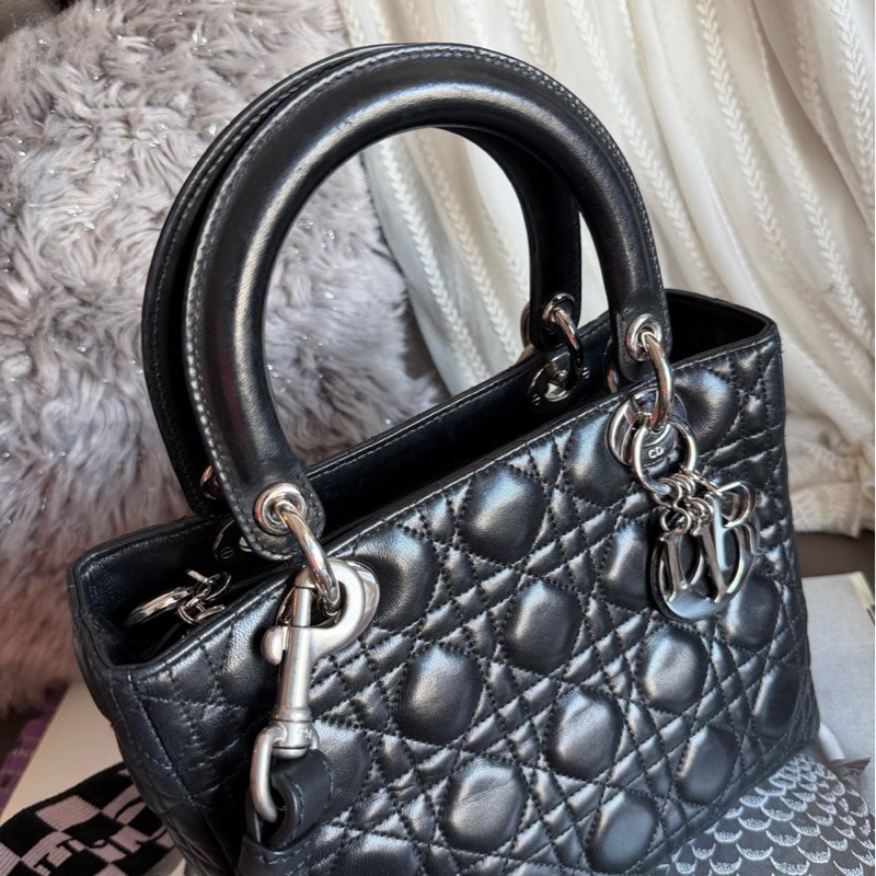 迪奧包 戴妃包 黑色 手提包 肩背包 側背包 連dior後買肩帶Lady Dior 黑皮包 lady dior bag black-14