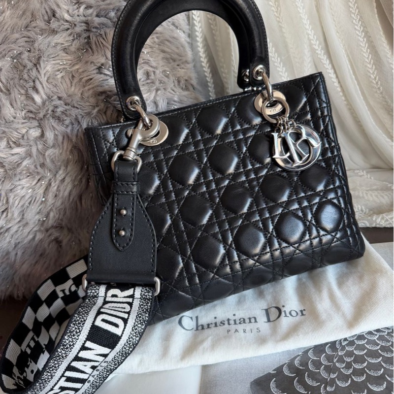 迪奧包 戴妃包 黑色 手提包 肩背包 側背包 連dior後買肩帶Lady Dior 黑皮包 lady dior bag black-15