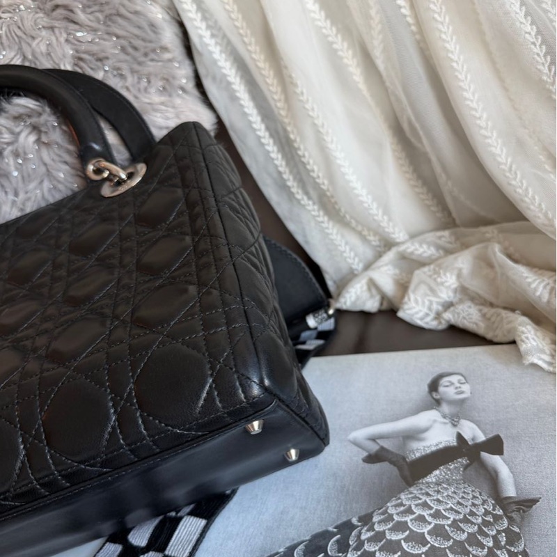 迪奧包 戴妃包 黑色 手提包 肩背包 側背包 連dior後買肩帶Lady Dior 黑皮包 lady dior bag black-16