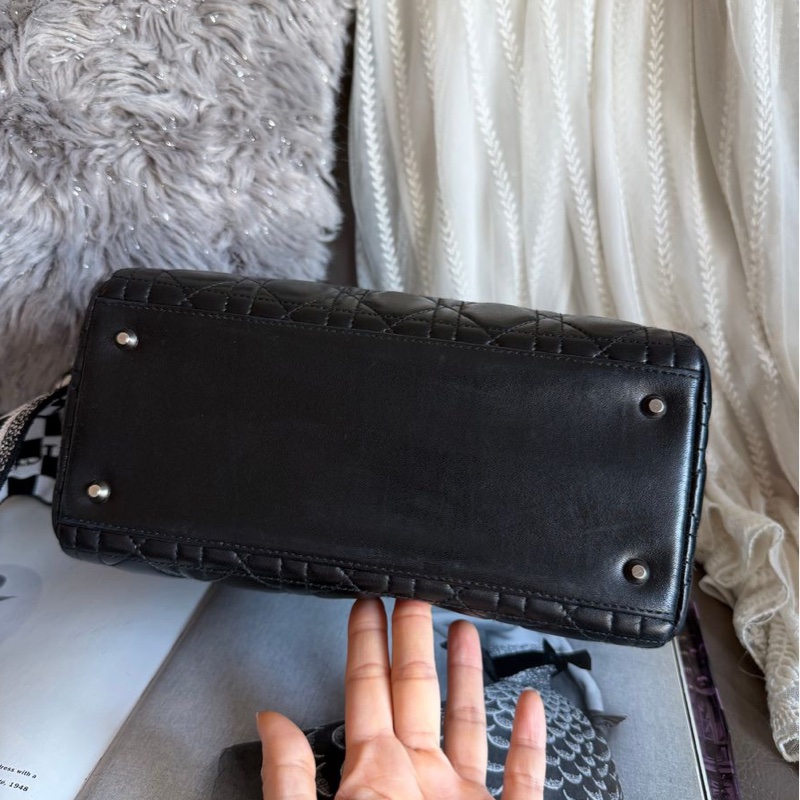 迪奧包 戴妃包 黑色 手提包 肩背包 側背包 連dior後買肩帶Lady Dior 黑皮包 lady dior bag black-17