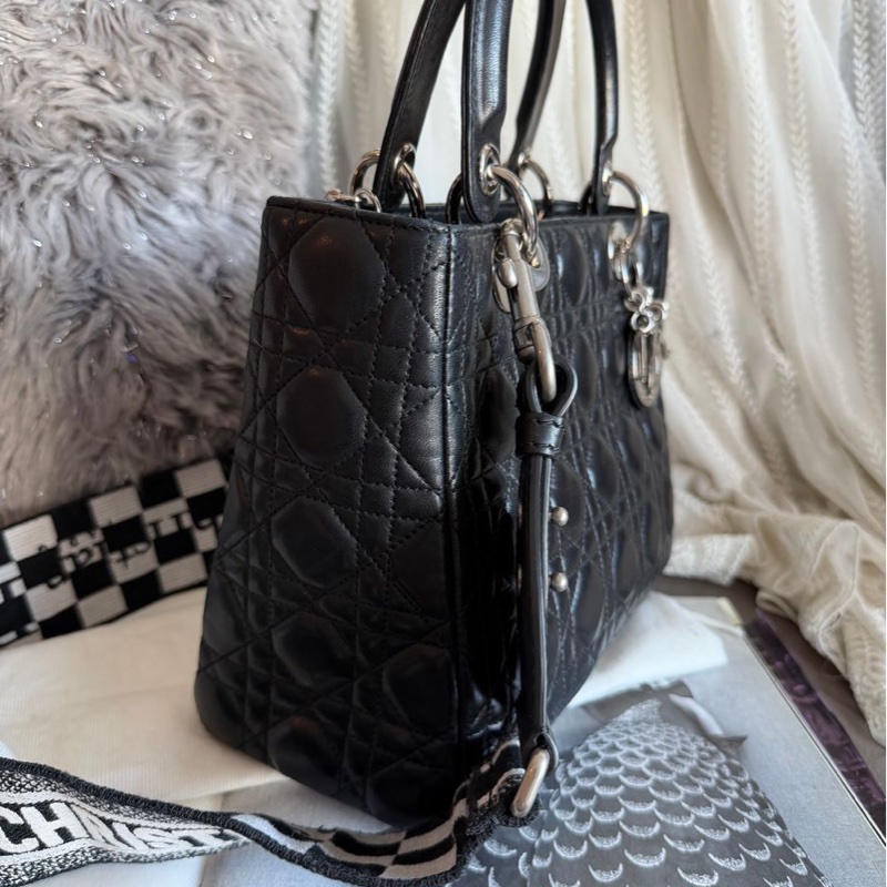 迪奧包 戴妃包 黑色 手提包 肩背包 側背包 連dior後買肩帶Lady Dior 黑皮包 lady dior bag black-18