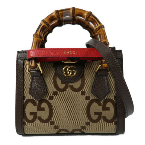GUCCI 帆布/牛皮皮革Mini Diana Jumbo GG金扣手挽肩背兩用袋