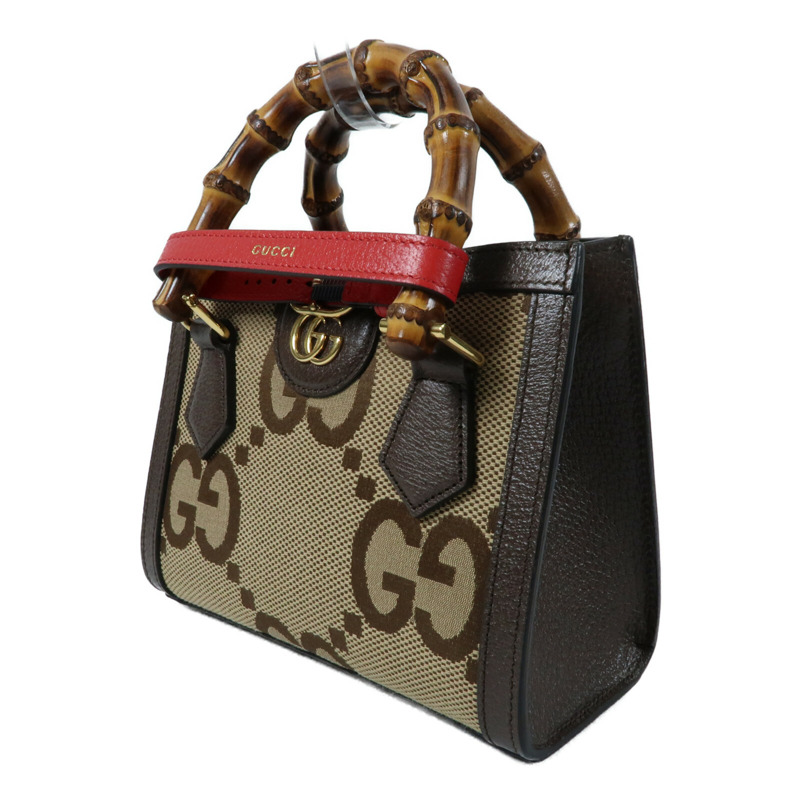 GUCCI 帆布/牛皮皮革Mini Diana Jumbo GG金扣手挽肩背兩用袋-2