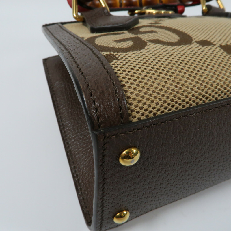 GUCCI 帆布/牛皮皮革Mini Diana Jumbo GG金扣手挽肩背兩用袋-4