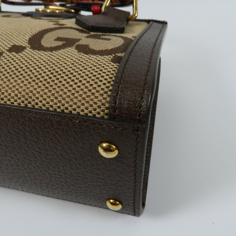 GUCCI 帆布/牛皮皮革Mini Diana Jumbo GG金扣手挽肩背兩用袋-5