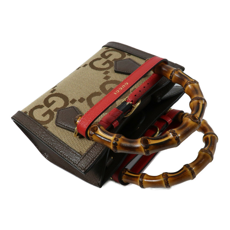 GUCCI 帆布/牛皮皮革Mini Diana Jumbo GG金扣手挽肩背兩用袋-8