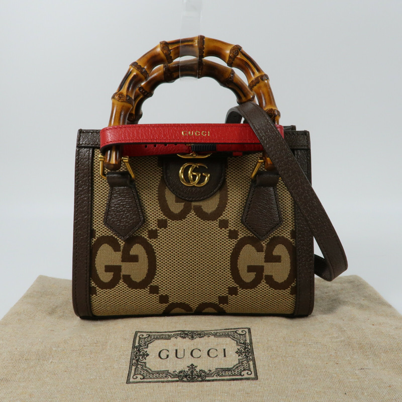 GUCCI 帆布/牛皮皮革Mini Diana Jumbo GG金扣手挽肩背兩用袋-14