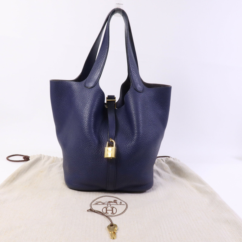 HERMES Clemence皮革Picotin MM金扣手挽袋Bleu Encre-9