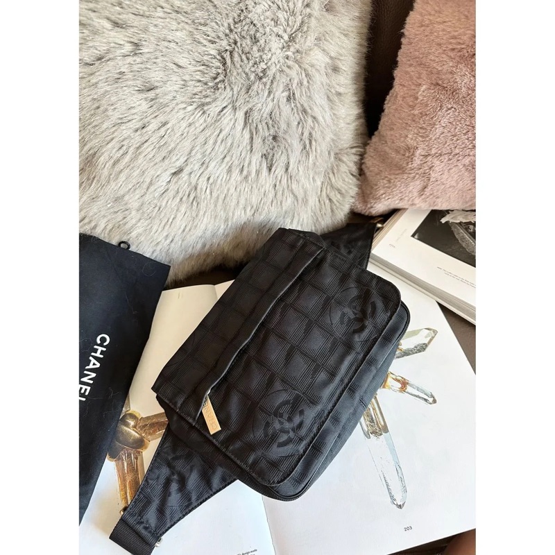 香奈兒 黑色包 黑色冰格包 腰包 斜挎包 後背包 黑色皮革 尼龍 中古包 二手包 古董包 chanel black wasit bag belt bag-5