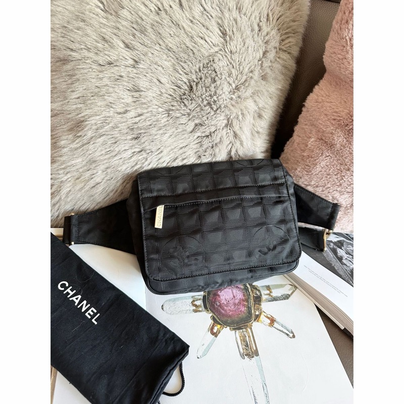 香奈兒 黑色包 黑色冰格包 腰包 斜挎包 後背包 黑色皮革 尼龍 中古包 二手包 古董包 chanel black wasit bag belt bag-7