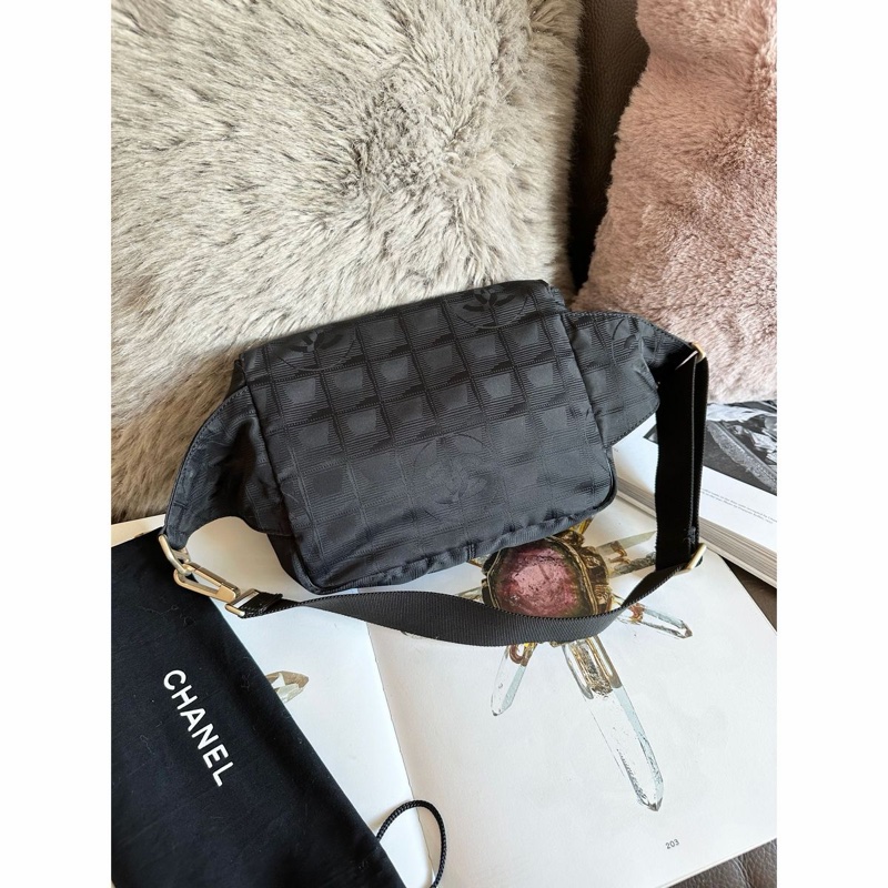 香奈兒 黑色包 黑色冰格包 腰包 斜挎包 後背包 黑色皮革 尼龍 中古包 二手包 古董包 chanel black wasit bag belt bag-9
