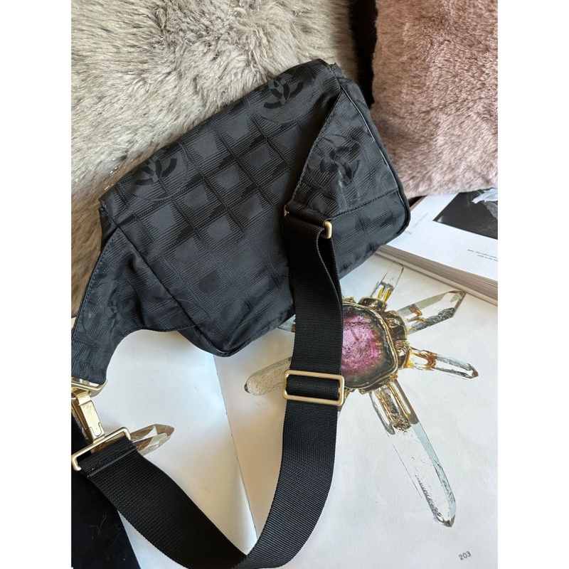 香奈兒 黑色包 黑色冰格包 腰包 斜挎包 後背包 黑色皮革 尼龍 中古包 二手包 古董包 chanel black wasit bag belt bag-16