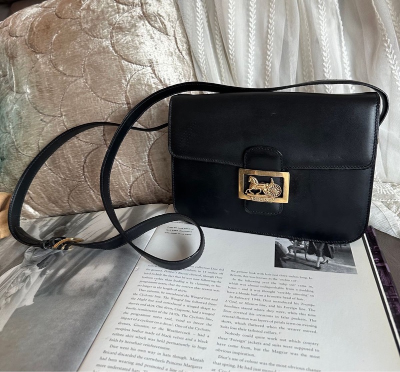 思琳 中古 馬車金扣 box 包 馬車扣黑色肩背包 空姐包 黑色皮革 側背包 斜背包 包包 中古包 vintage celine bag-0