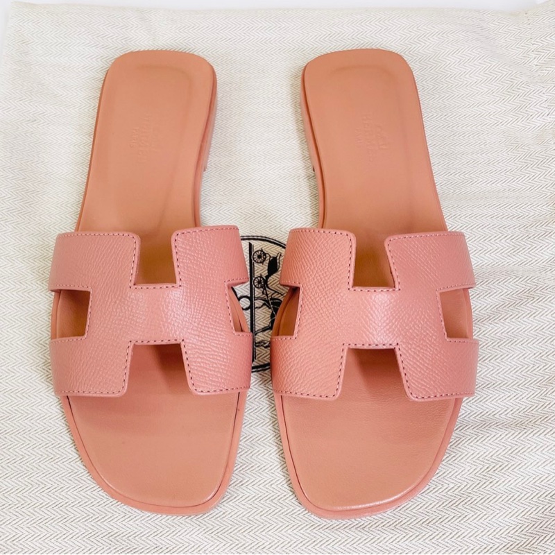 愛馬仕Hermes 皮革 粉色H拖鞋 37碼-1