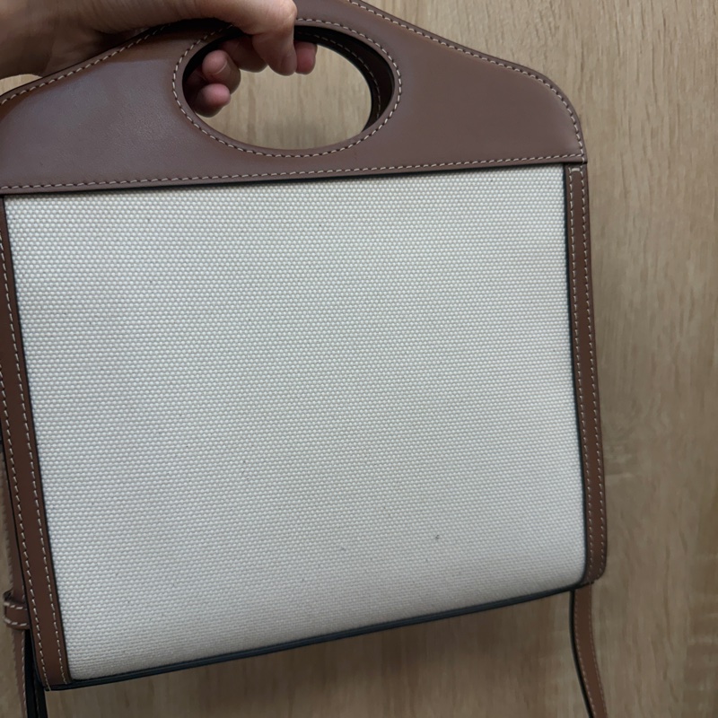 Burberry 米帆布咖牛皮mini pocket手提斜背包-5