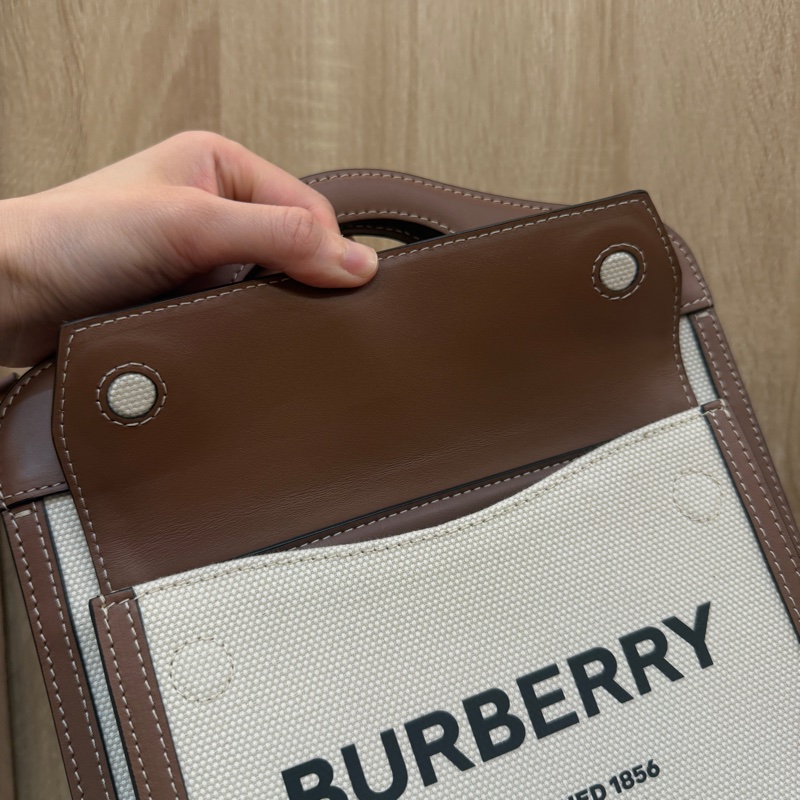Burberry 米帆布咖牛皮mini pocket手提斜背包-12