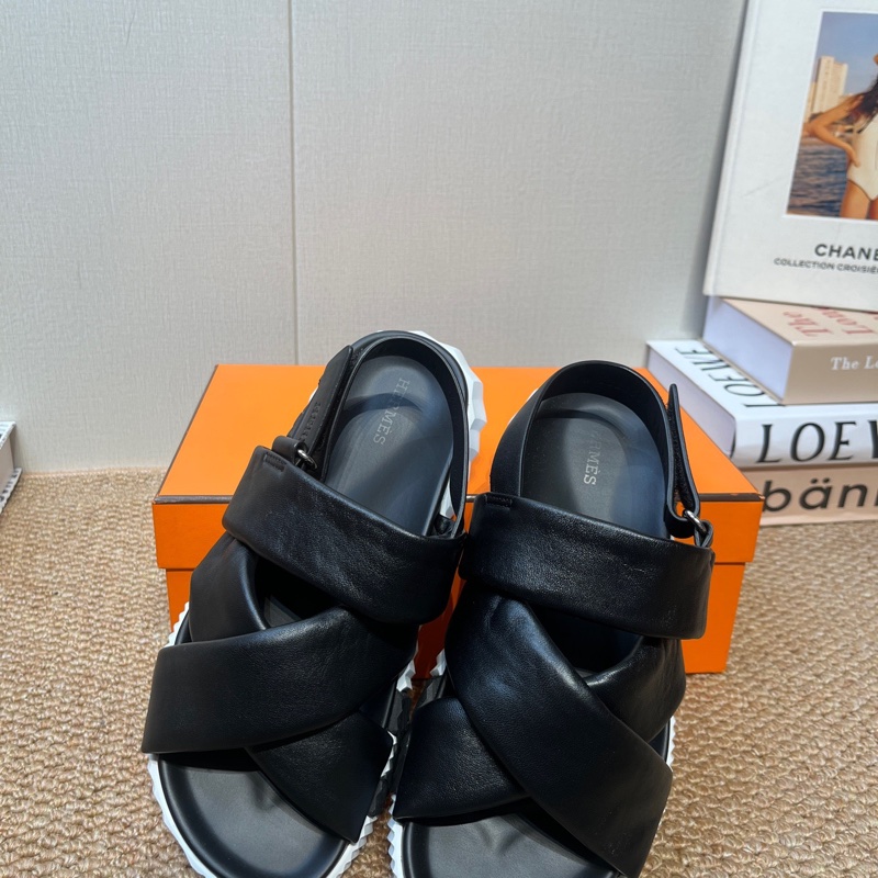 Hermes 愛馬仕  Electric 魔術貼休閒 一字帶涼鞋 黑色 38碼-0