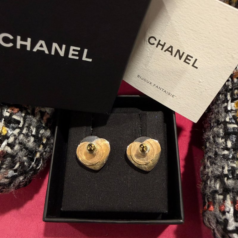 CHANEL 格紋愛心耳環金色-4