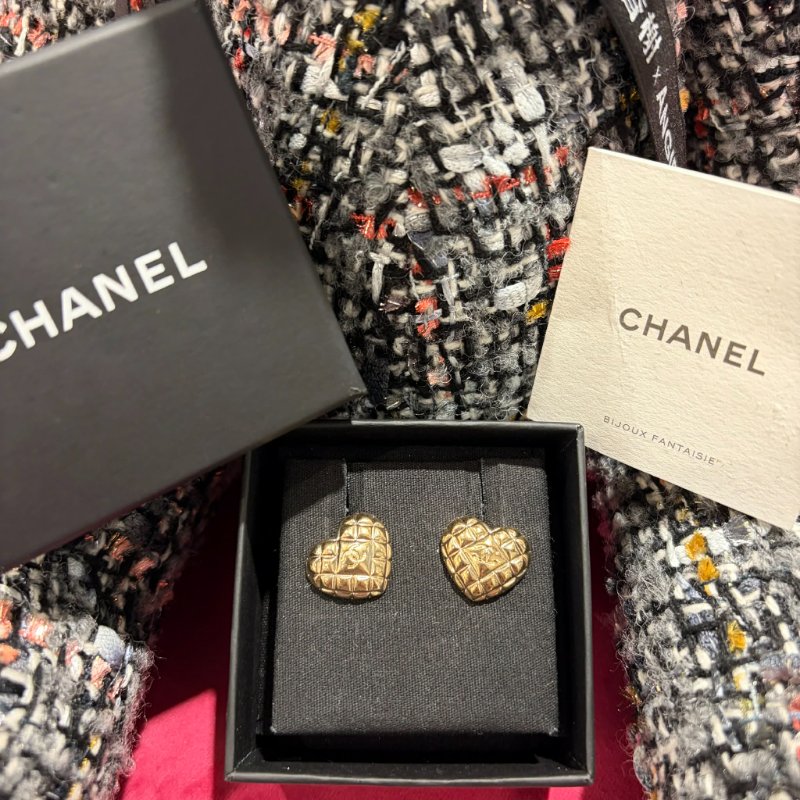 CHANEL 格紋愛心耳環金色-0