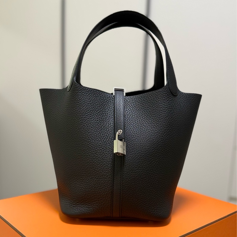 Hermes愛馬仕 pocotin 22 菜籃子 黑銀 stamp G (全新)-5