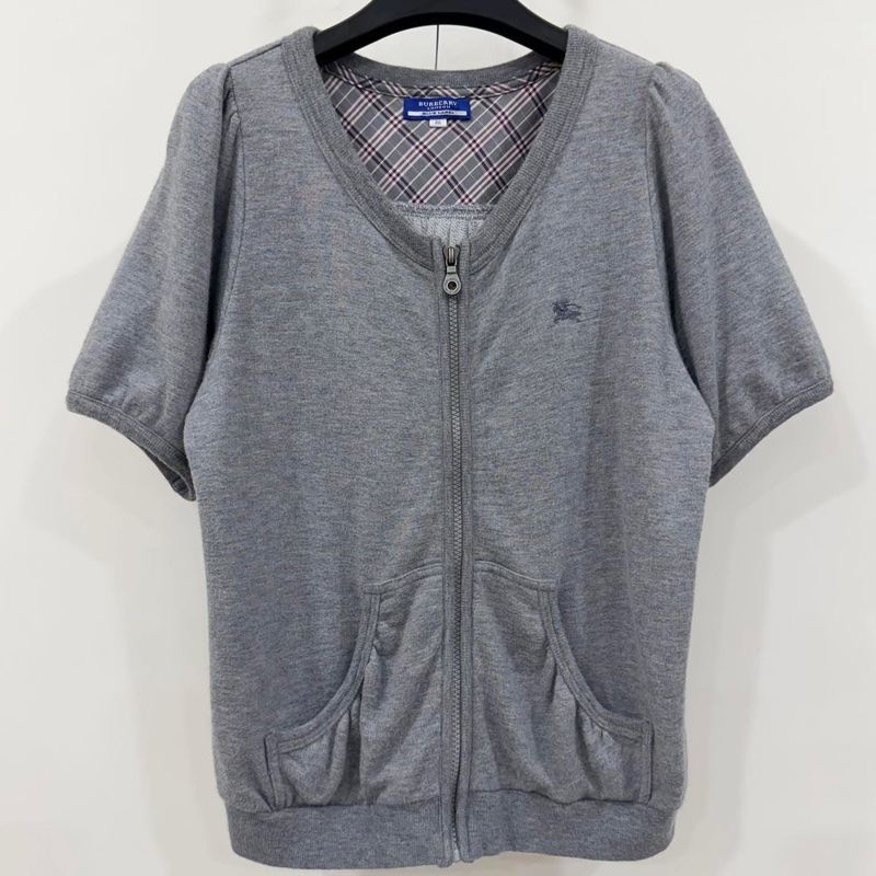 BURBERRY 藍標 灰色戰馬拉鏈棉毛短袖外套-1