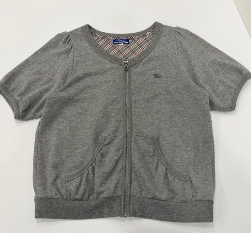 BURBERRY 藍標 灰色戰馬拉鏈棉毛短袖外套-5