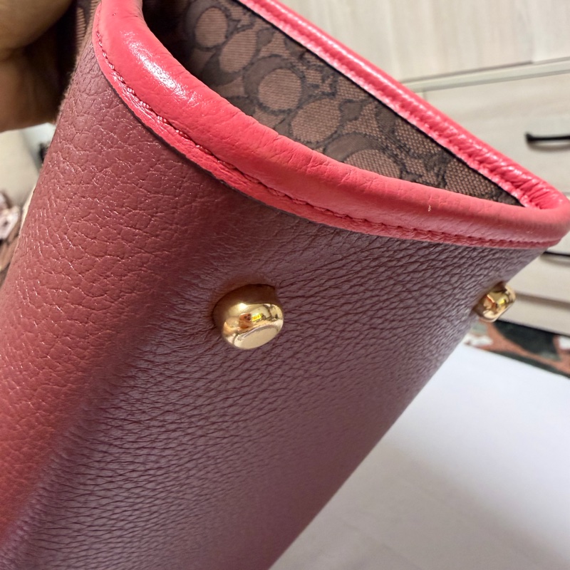 COACH老花桃色拼接提袋 /側背包 /手提包-8