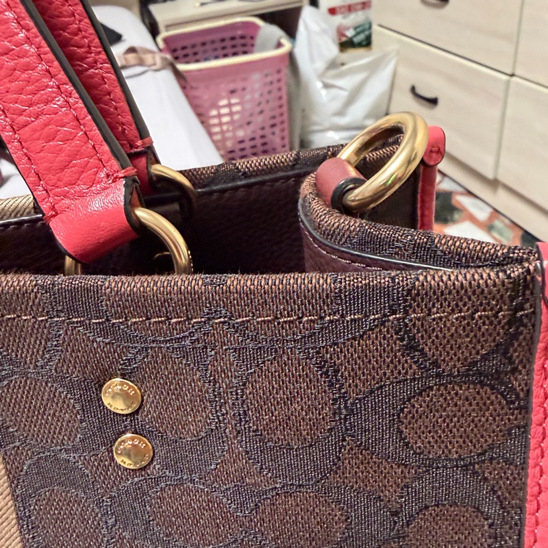 COACH老花桃色拼接提袋 /側背包 /手提包-15