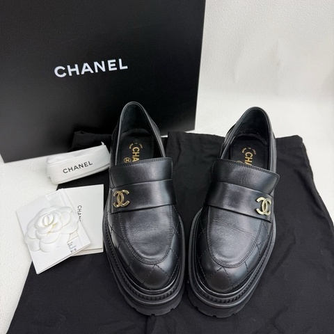 CHANEL香奈兒 高級手工坊 雙C菱格紋 雙C厚底樂福鞋 黑色 37碼