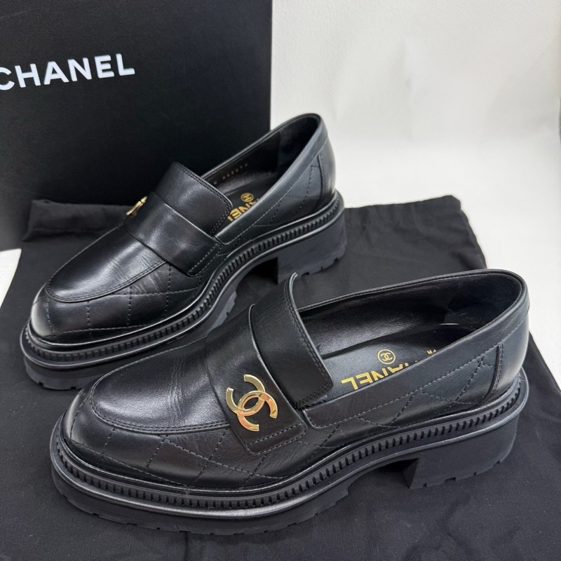 CHANEL香奈兒 高級手工坊 雙C菱格紋 雙C厚底樂福鞋 黑色 37碼-1