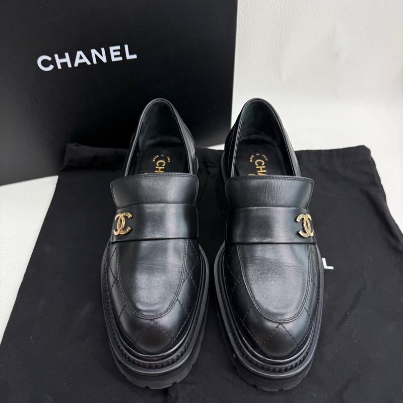 CHANEL香奈兒 高級手工坊 雙C菱格紋 雙C厚底樂福鞋 黑色 37碼-2