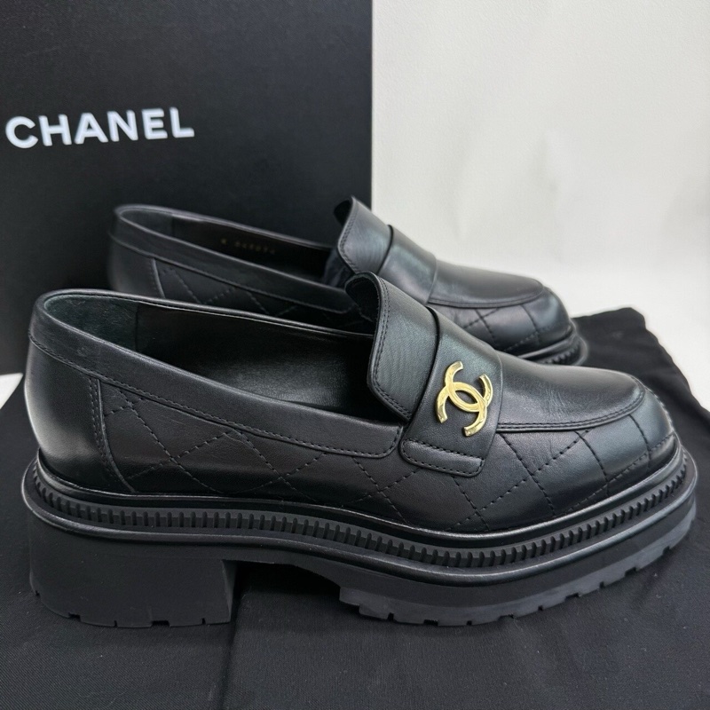 CHANEL香奈兒 高級手工坊 雙C菱格紋 雙C厚底樂福鞋 黑色 37碼-4