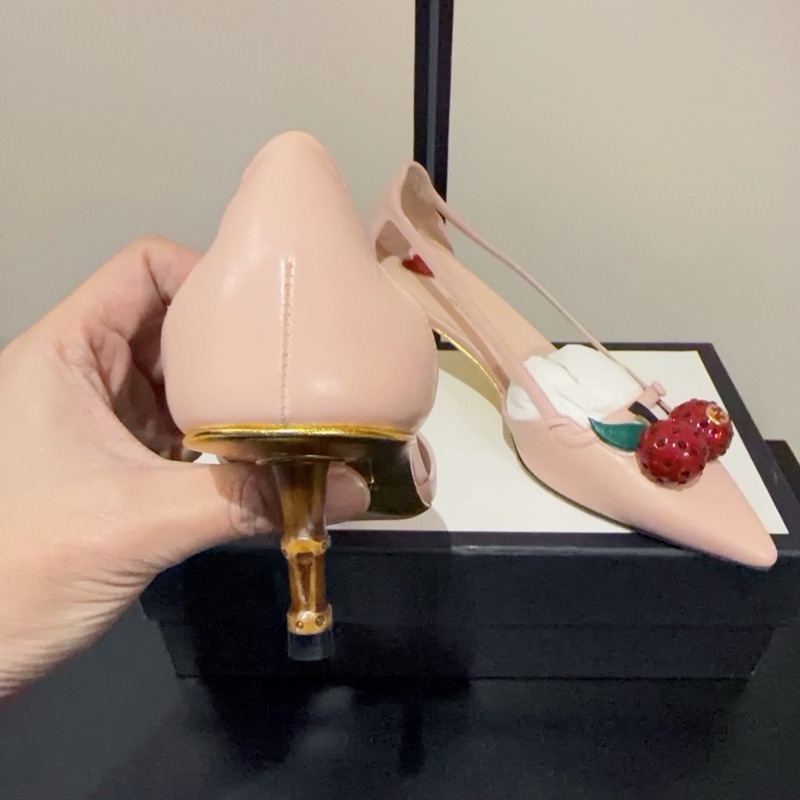 Gucci 古馳 櫻桃裝飾竹節跟高跟鞋 37碼 跟高4.5cm 小牛皮舒適超美 意大利產 女款-3