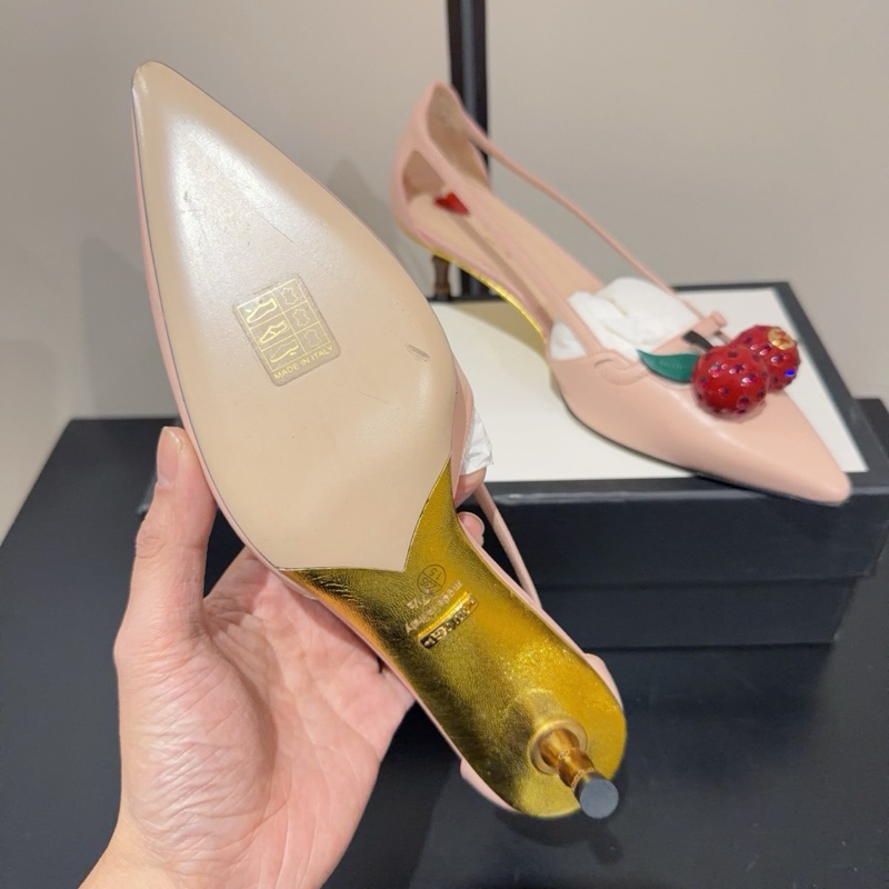 Gucci 古馳 櫻桃裝飾竹節跟高跟鞋 37碼 跟高4.5cm 小牛皮舒適超美 意大利產 女款-4