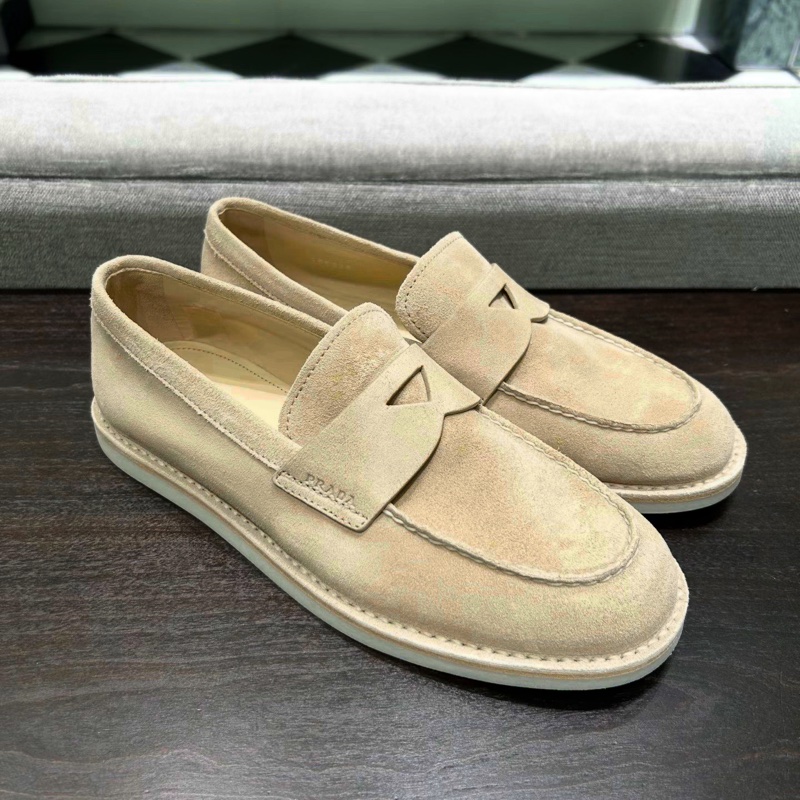 闲置新未使用 Prada 普拉達 42.5碼麂皮樂福鞋 休閒鞋 老錢風 百搭大氣 型男必備 男款 駝色 超值-8