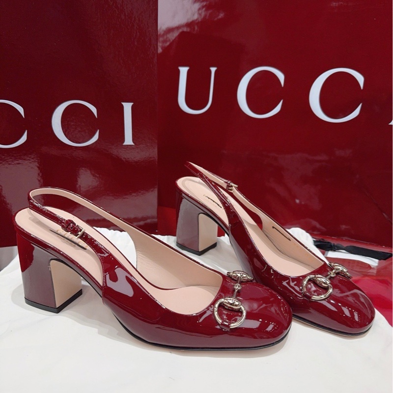 Gucci 古驰 新款经典金色马衔扣 漆皮玛丽珍 方跟鞋 包头凉鞋 38.5码跟高7.5cm-4