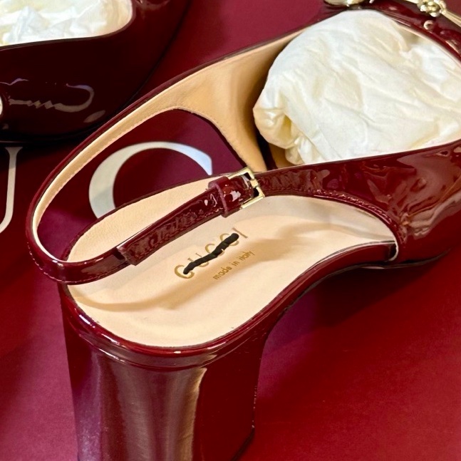 Gucci 古驰 新款经典金色马衔扣 漆皮玛丽珍 方跟鞋 包头凉鞋 38.5码跟高7.5cm-5