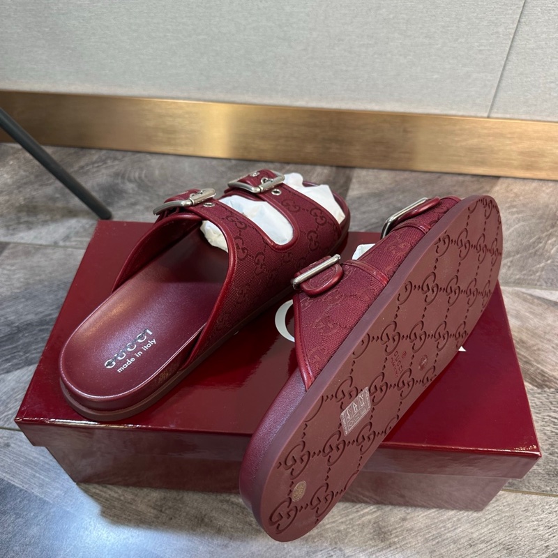 Gucci 古馳 爆款滿logo雙搭扣帆布拼皮 涼鞋 拖鞋 舒適百搭 男款 波爾多紅色 43碼-4