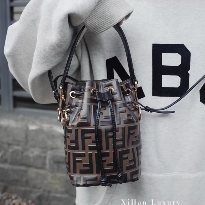 輕巧耐用✨99新🆕Fendi芬迪棕黑拼色老花mini水桶包單肩斜挎手提包-6