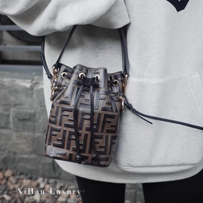 輕巧耐用✨99新🆕Fendi芬迪棕黑拼色老花mini水桶包單肩斜挎手提包-7