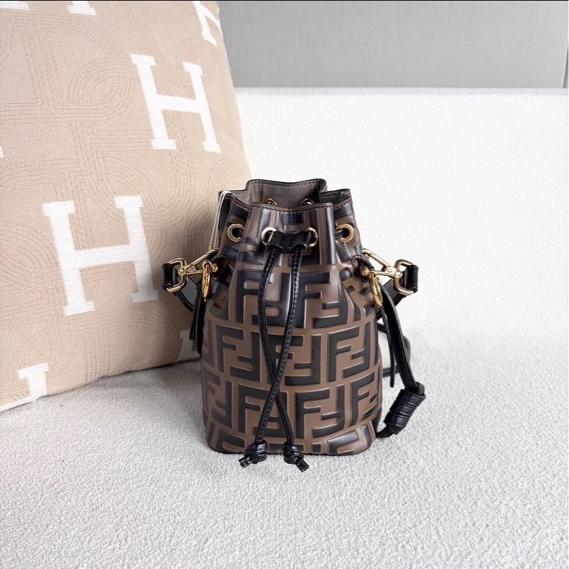輕巧耐用✨99新🆕Fendi芬迪棕黑拼色老花mini水桶包單肩斜挎手提包-9
