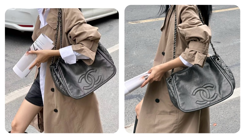 ChanelVintage 黑銀浮雕托特機場包-1