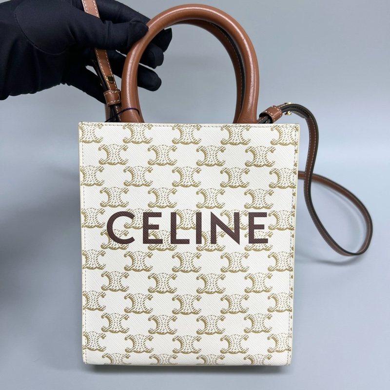 Celine賽琳 Cabas Triomphe 凱旋門白色老花mini托特Tote琴-0