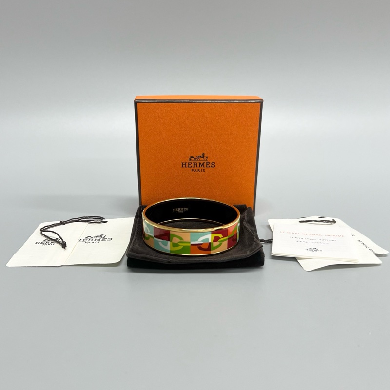 99新 HERMES/愛馬仕 琺瑯彩色印花合金寬版手鐲 附件:塵袋 盒子 吊牌-0
