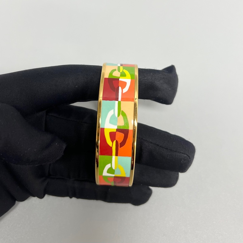 99新 HERMES/愛馬仕 琺瑯彩色印花合金寬版手鐲 附件:塵袋 盒子 吊牌-1