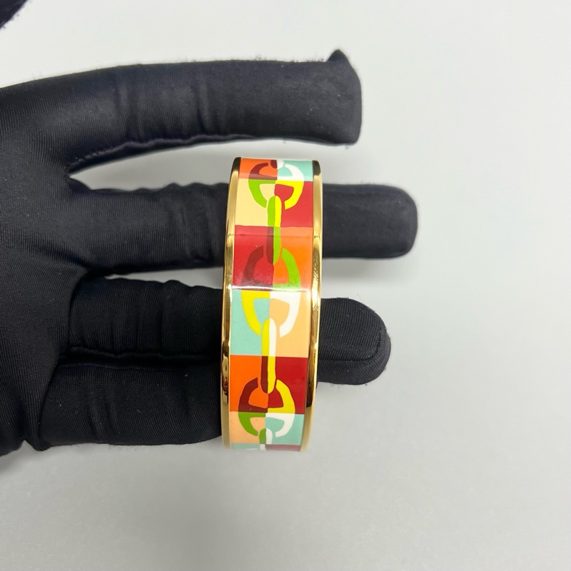 99新 HERMES/愛馬仕 琺瑯彩色印花合金寬版手鐲 附件:塵袋 盒子 吊牌-2