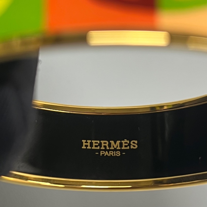 99新 HERMES/愛馬仕 琺瑯彩色印花合金寬版手鐲 附件:塵袋 盒子 吊牌-6